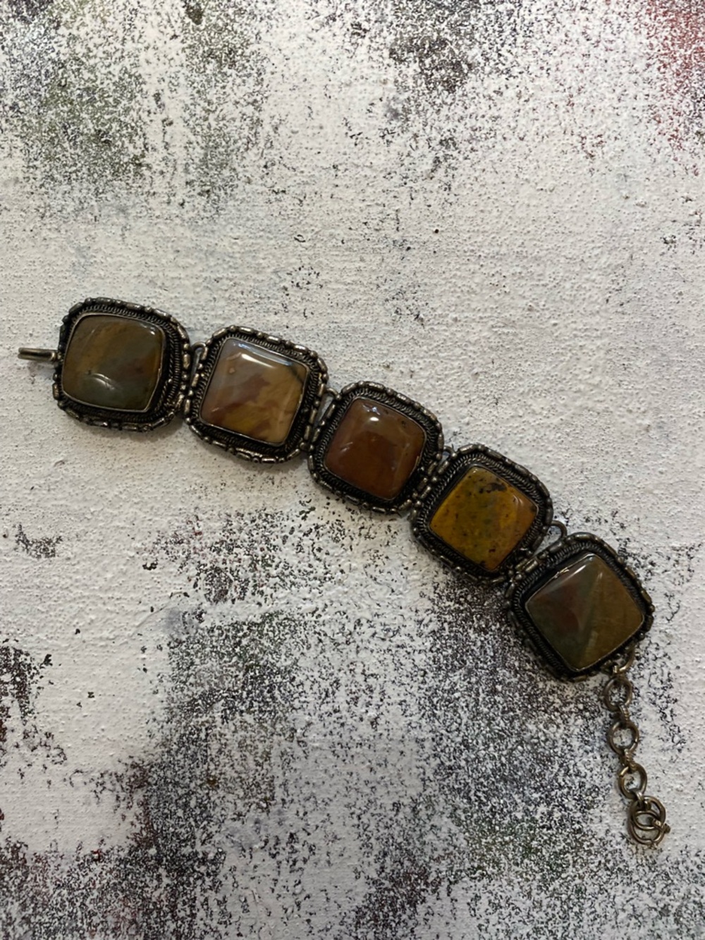 Vintage Silver and Stones Link Bracelet in Earth Tones handcrafted from India